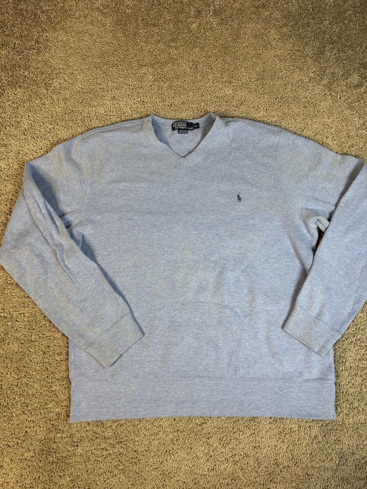Polo Ralph Lauren Sweater Mens Xl Light Blue V-Neck Cotton Tight-Knit Pullover